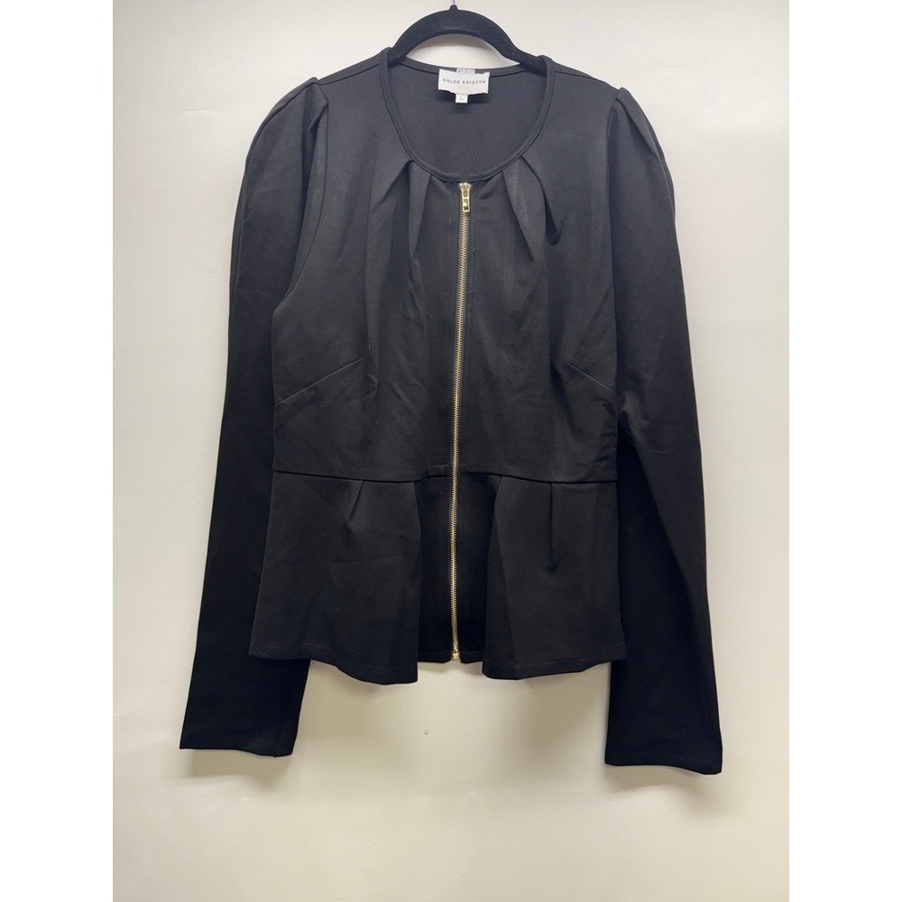 Chloe Kristyn Jacket Womens L‎ Black Peplum Zip Up Pleated Puff Shoulder Ponte